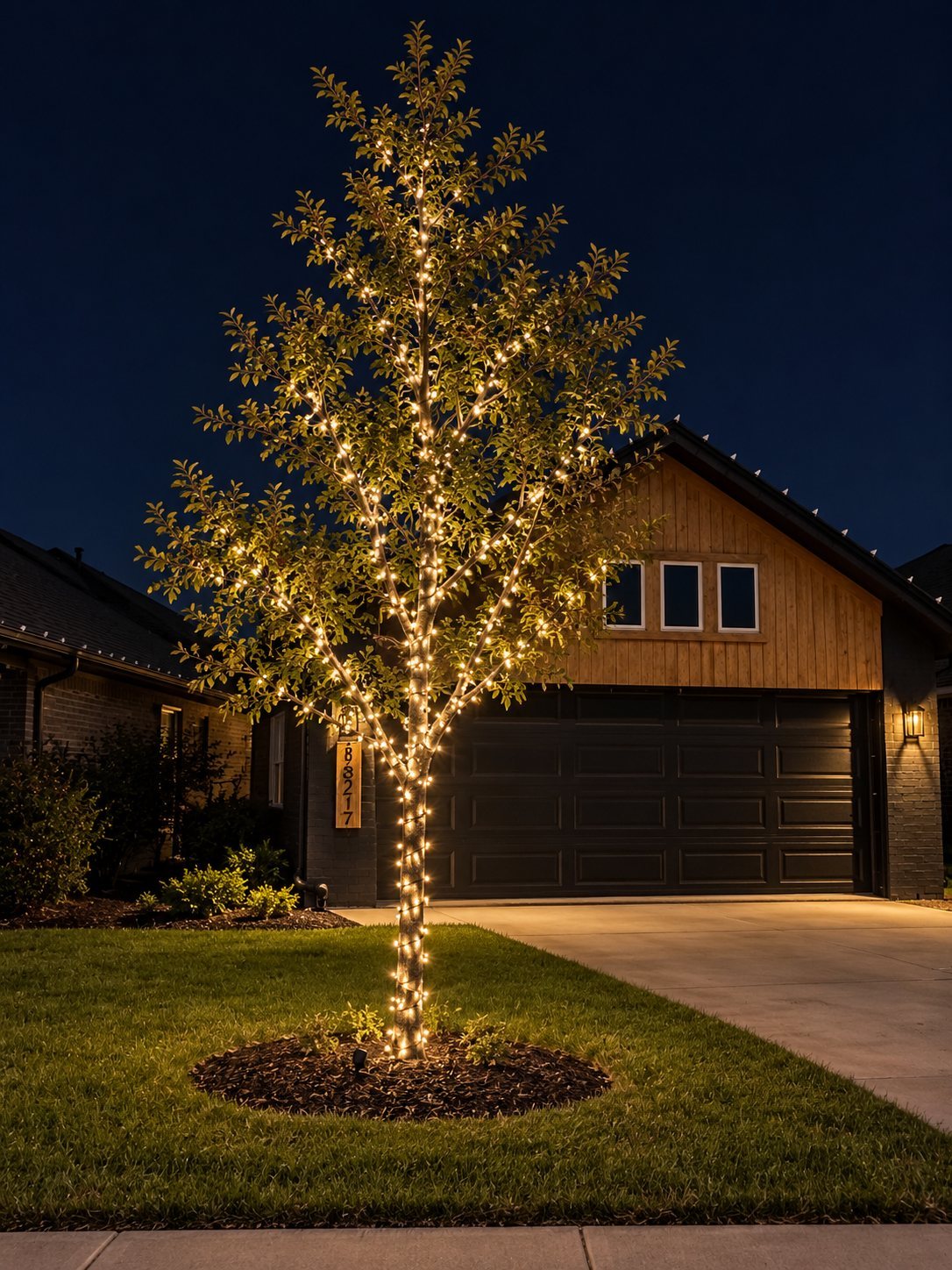 Front yard tree wrapped in warm white lights at dusk